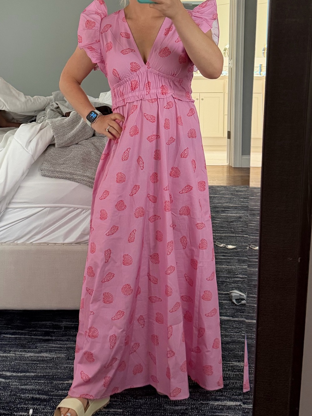 Sail to Sable Pink Printed V-Neck Maxi Dress with Flutter Sleeves